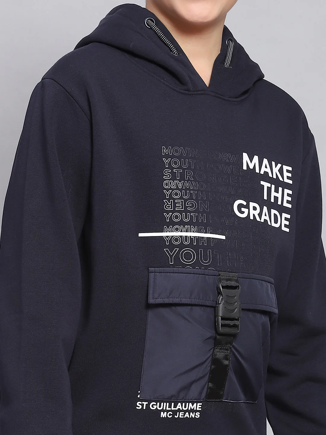 Boys Navy Blue Printed Hooded Full Sleeve Sweatshirt - Image 6