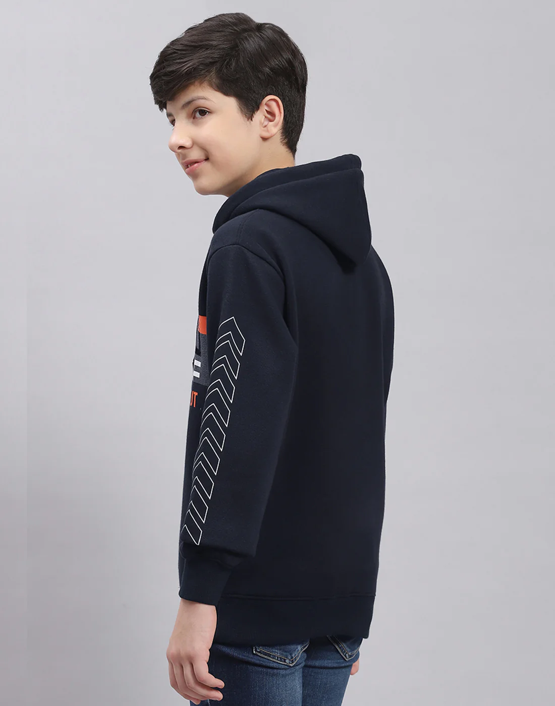 Boys Navy Blue Printed Hooded Full Sleeve Sweatshirt - Image 6