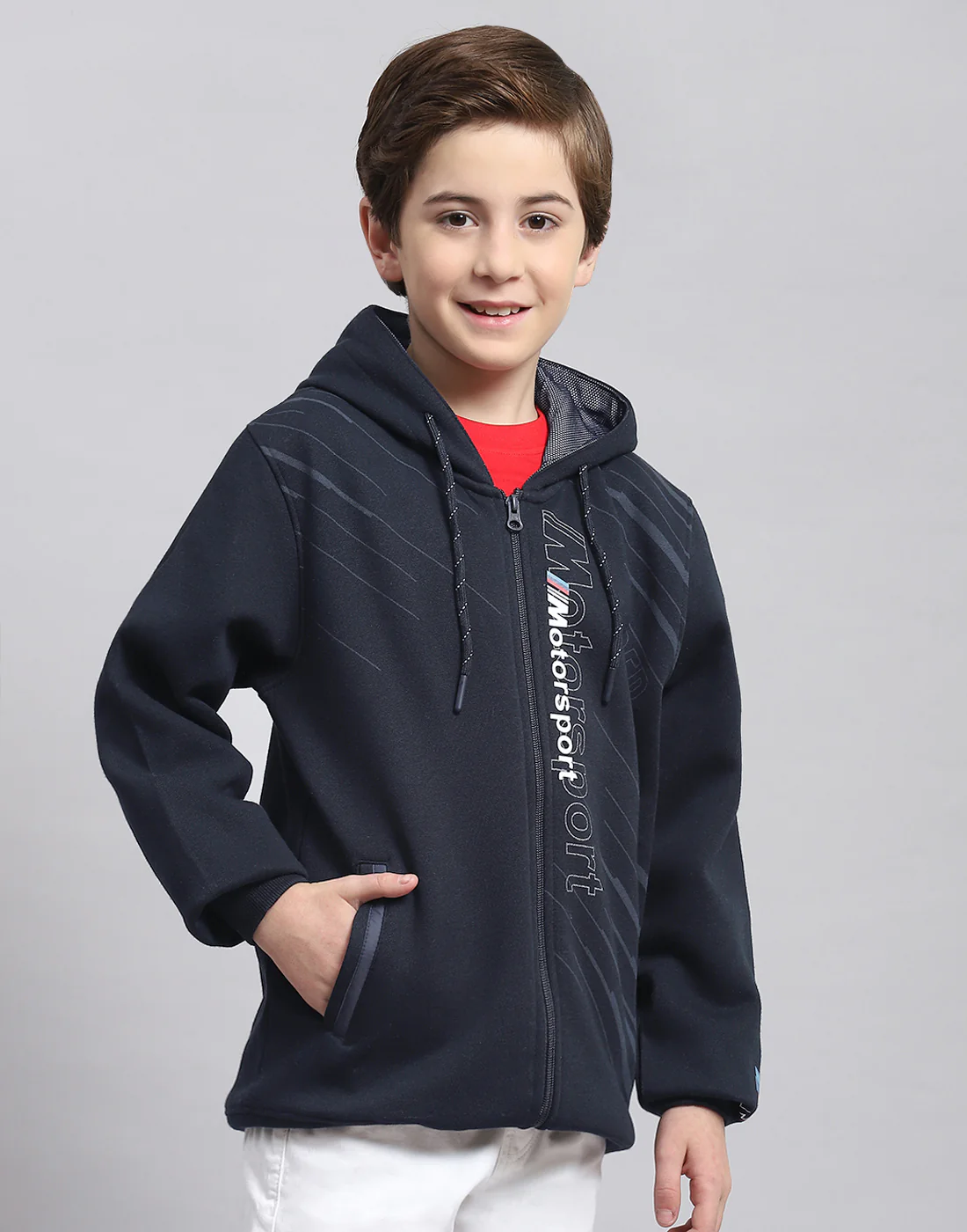 Boys Navy Blue Printed Hooded Full Sleeve Sweatshirt - Image 4