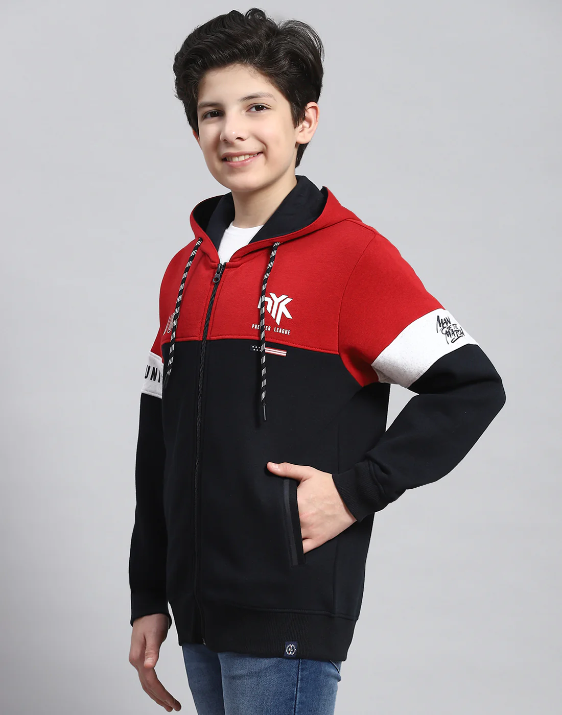 Boys Navy Blue Printed Hooded Full Sleeve Sweatshirt - Image 3