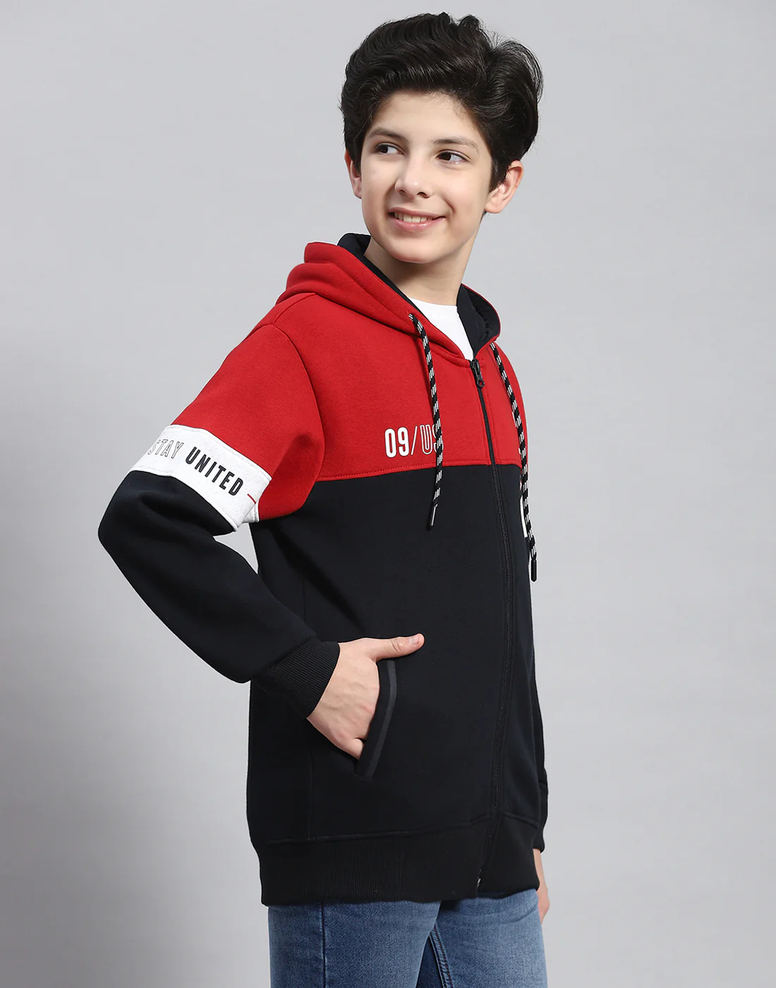 Boys Navy Blue Printed Hooded Full Sleeve Sweatshirt - Image 4