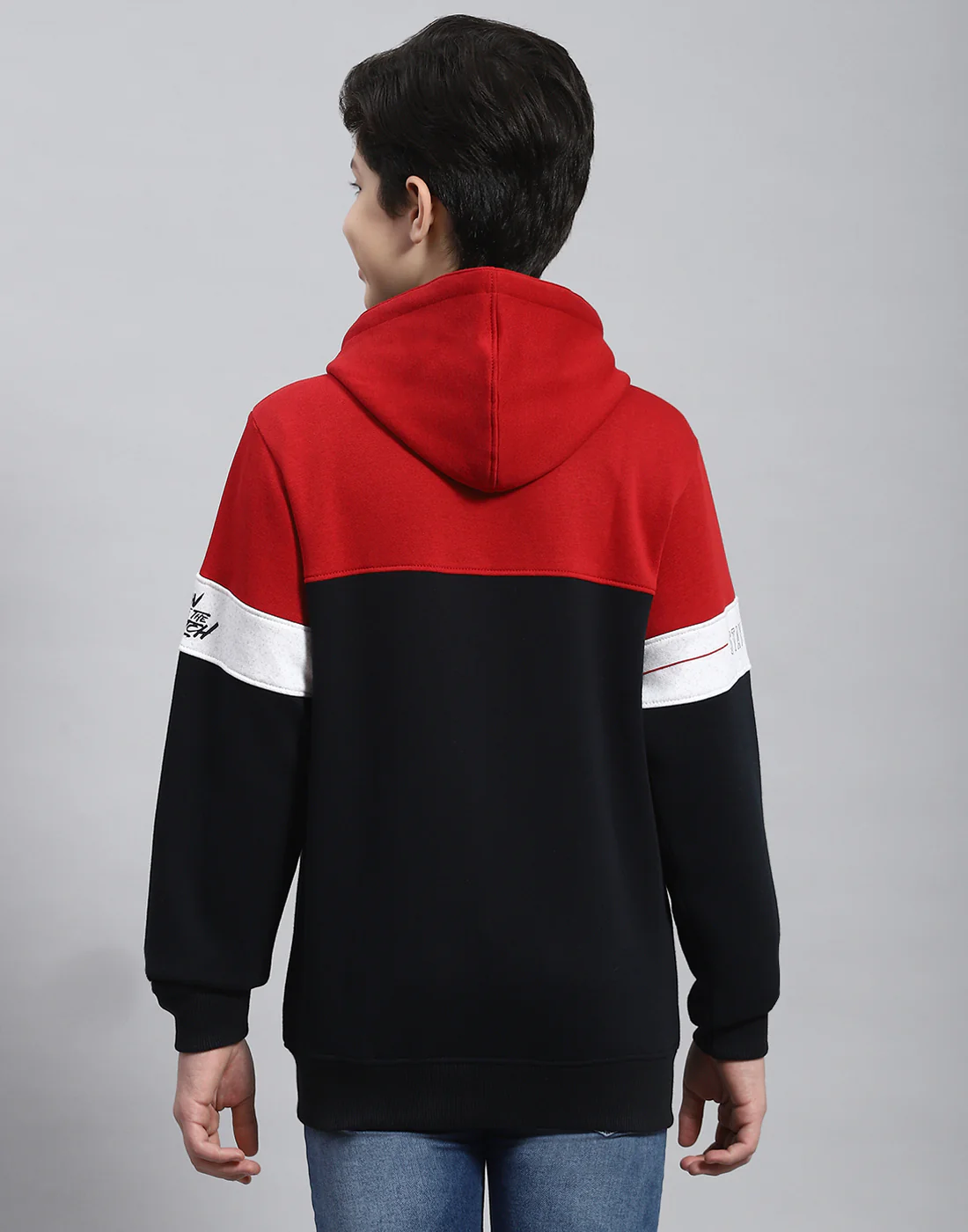 Boys Navy Blue Printed Hooded Full Sleeve Sweatshirt - Image 5