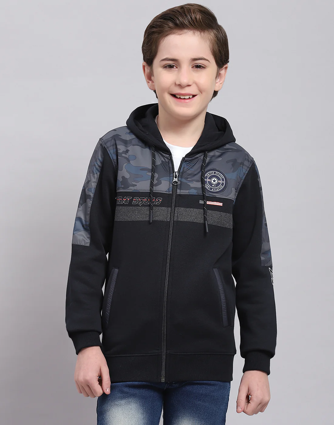 Boys Navy Blue Printed Hooded Full Sleeve Sweatshirt - Image 2