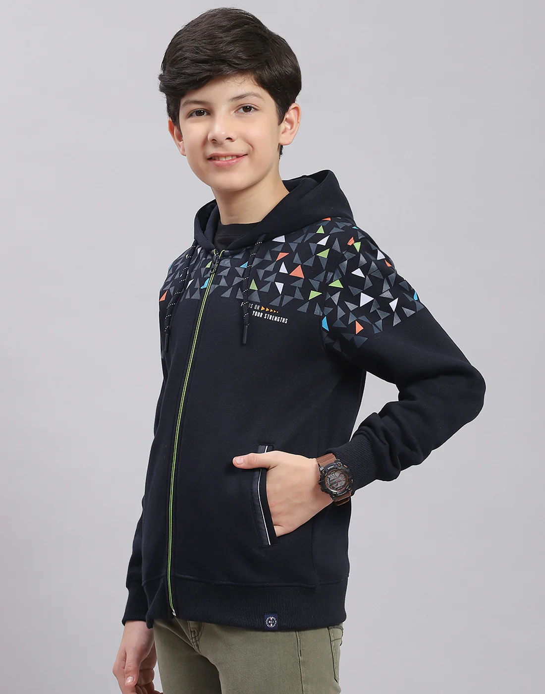 Boys Navy Blue Printed Hooded Full Sleeve Sweatshirt - Image 3