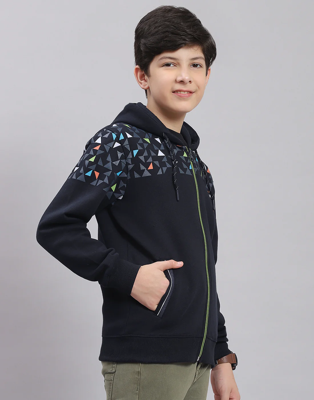 Boys Navy Blue Printed Hooded Full Sleeve Sweatshirt - Image 4