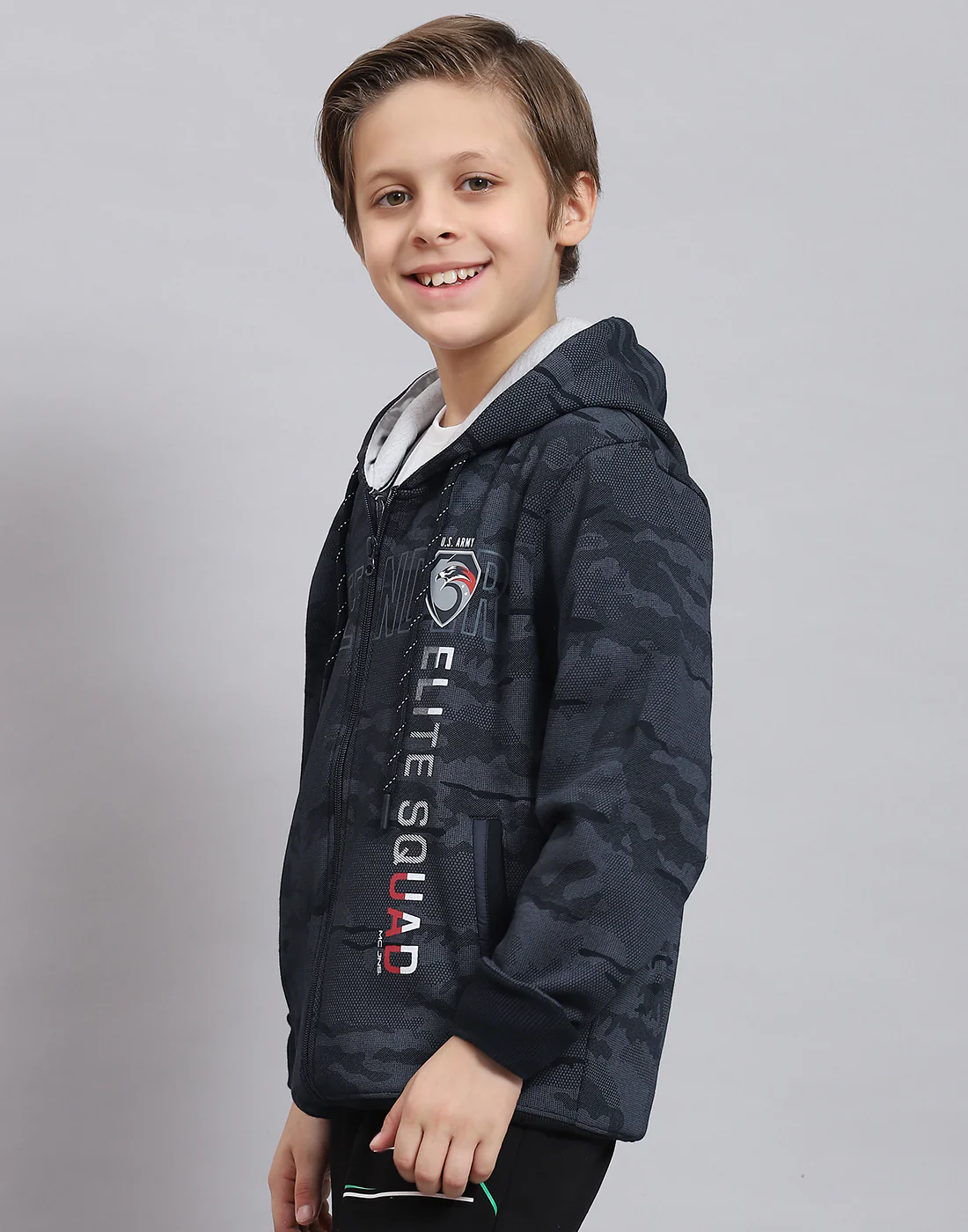 Boys Navy Blue Printed Hooded Full Sleeve Sweatshirt - Image 3