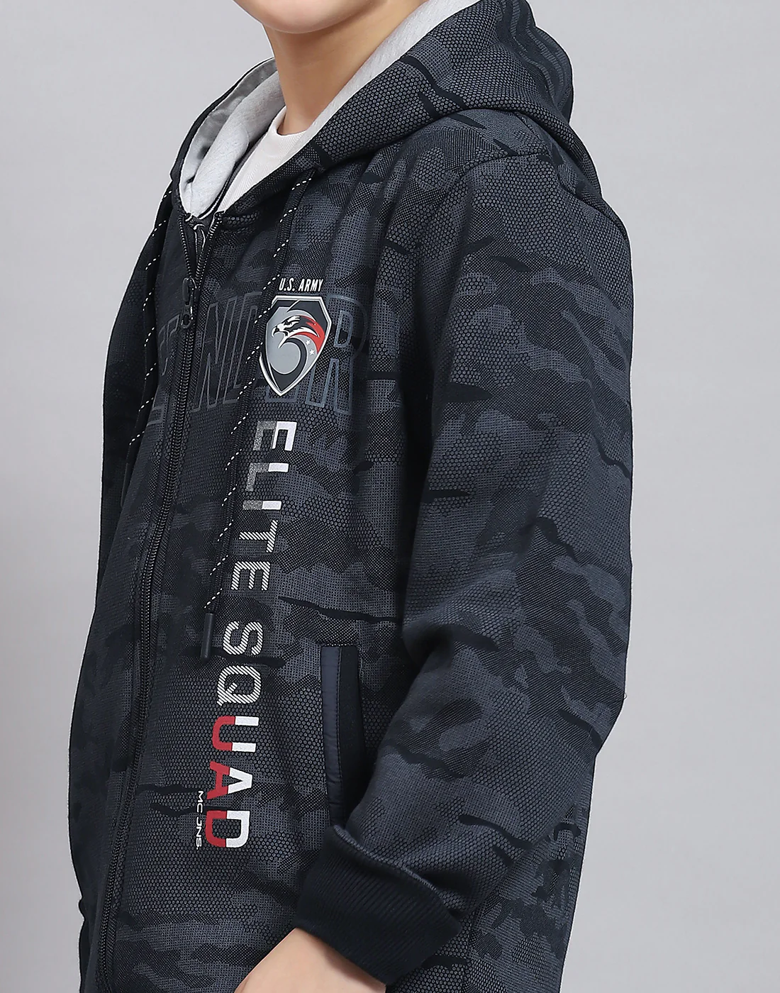 Boys Navy Blue Printed Hooded Full Sleeve Sweatshirt - Image 6