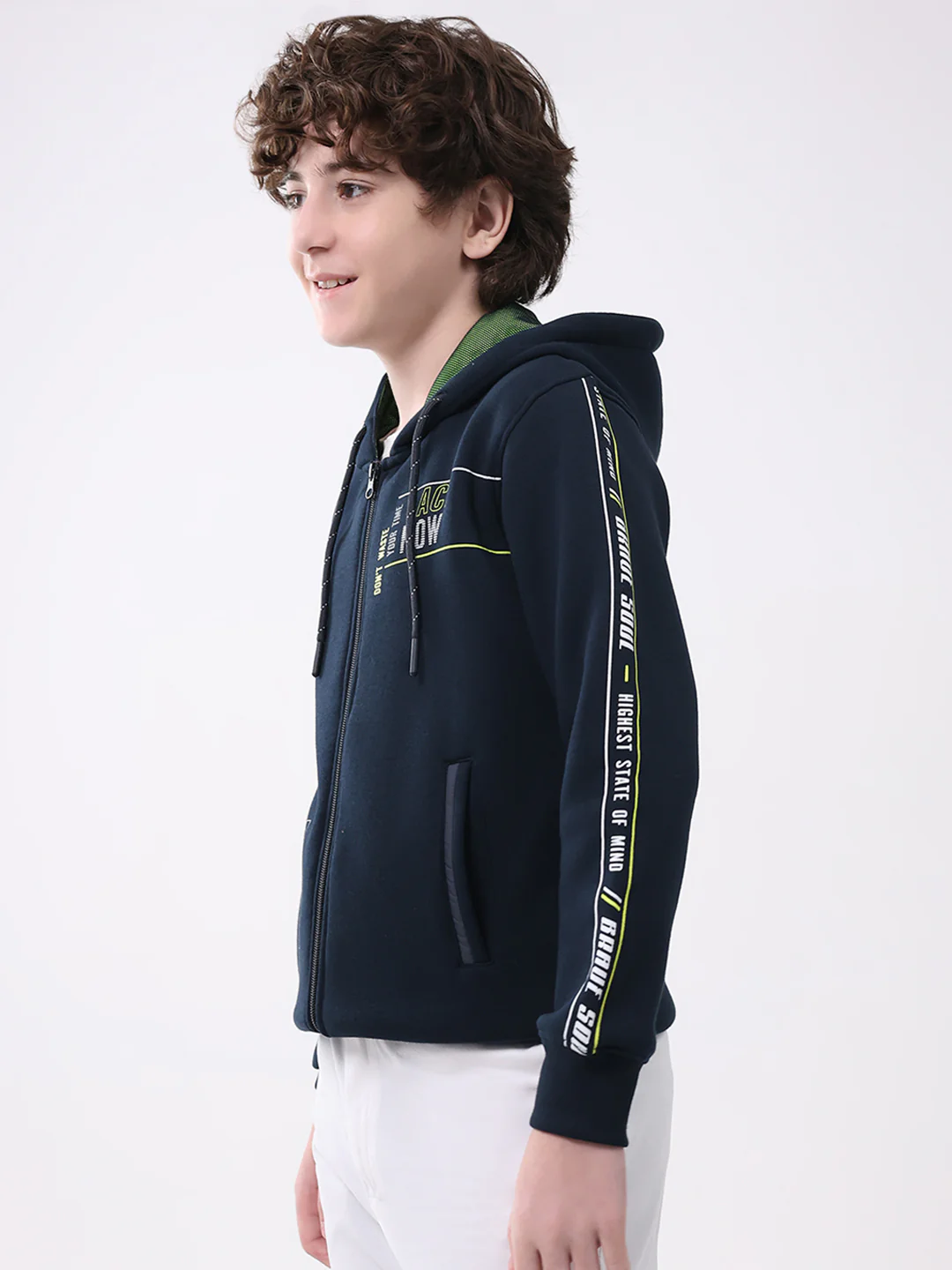 Boys Navy Blue Printed Hooded Full Sleeve Sweatshirt - Image 3