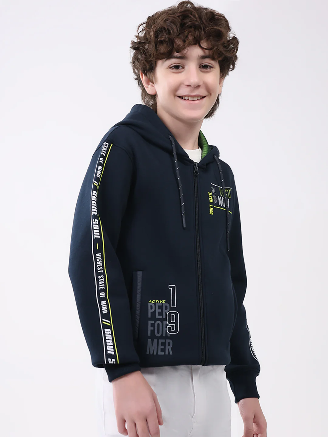 Boys Navy Blue Printed Hooded Full Sleeve Sweatshirt - Image 4