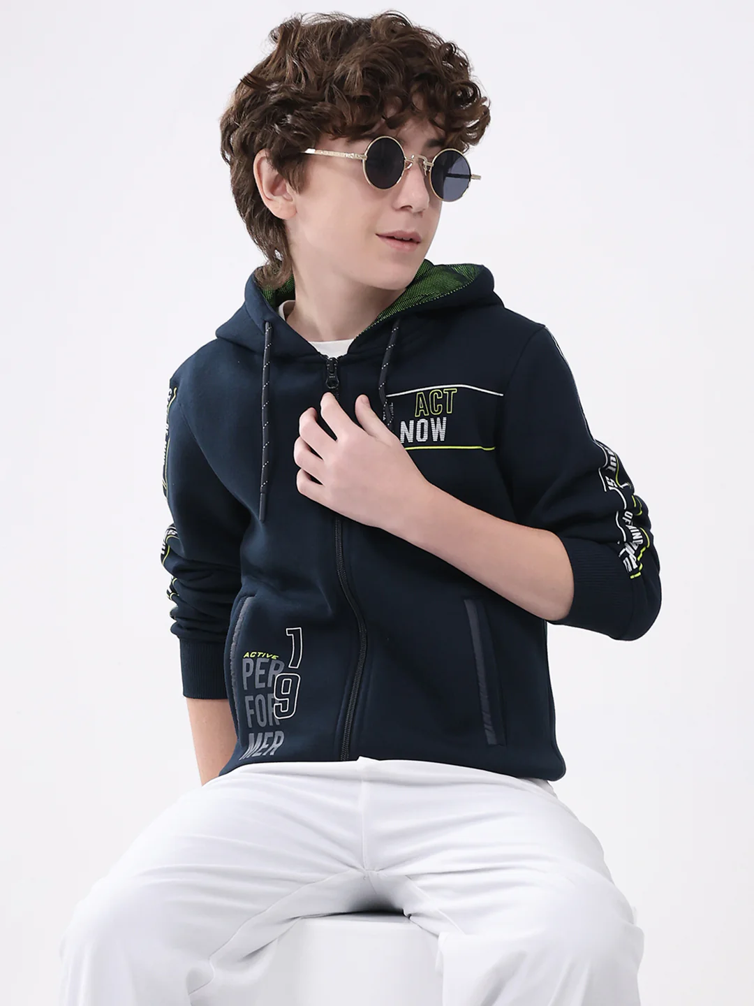 Boys Navy Blue Printed Hooded Full Sleeve Sweatshirt - Image 6