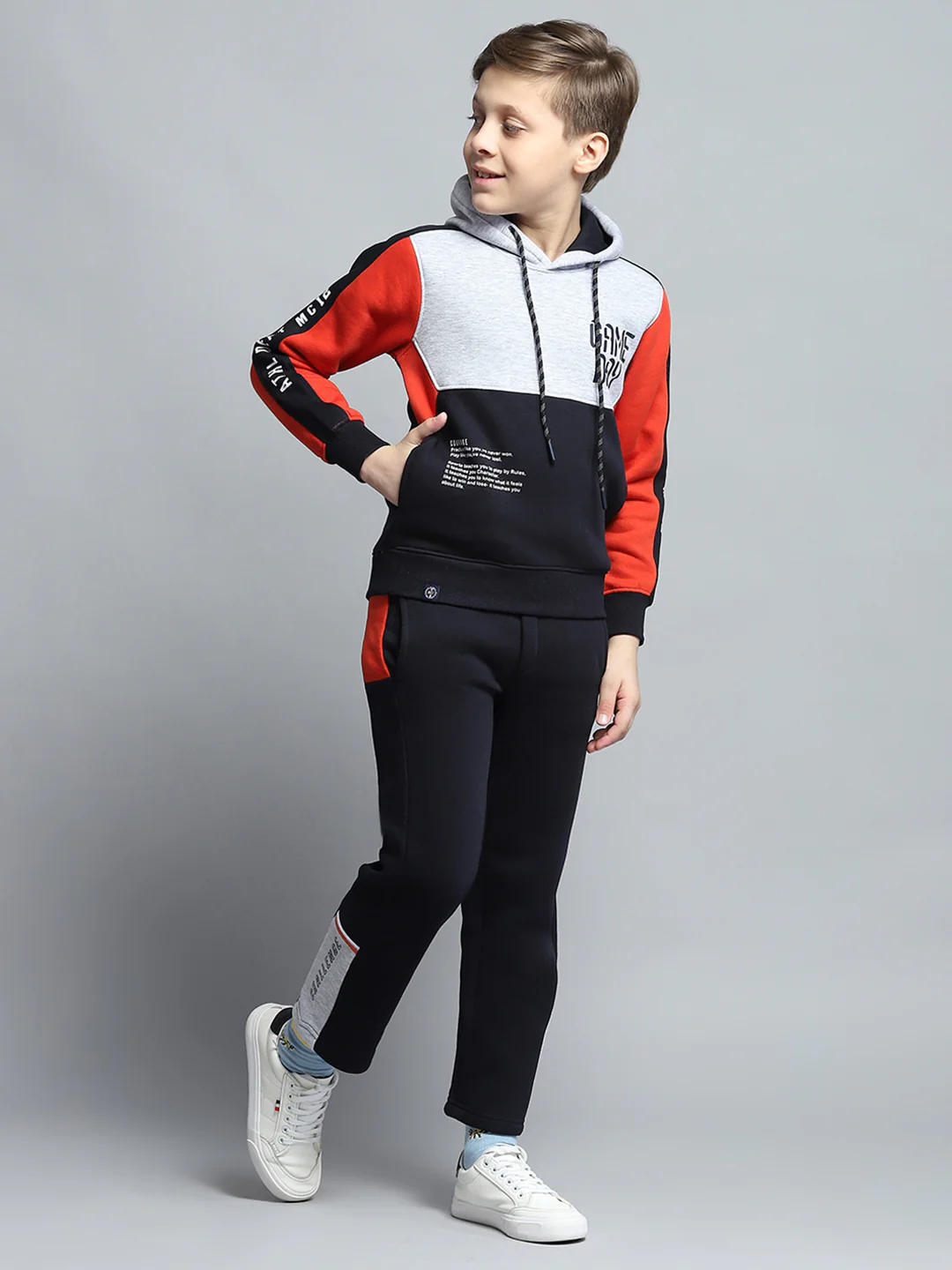 Boys Navy Blue Printed Hooded Full Sleeve Tracksuit - Image 4