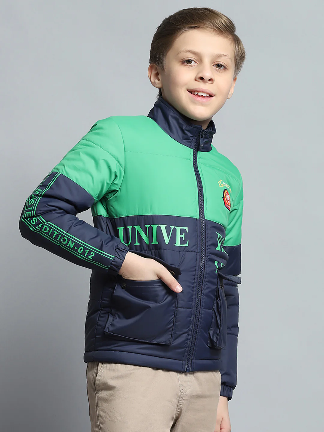Boys Navy Blue Printed Mock Neck Full Sleeve Jacket - Image 4