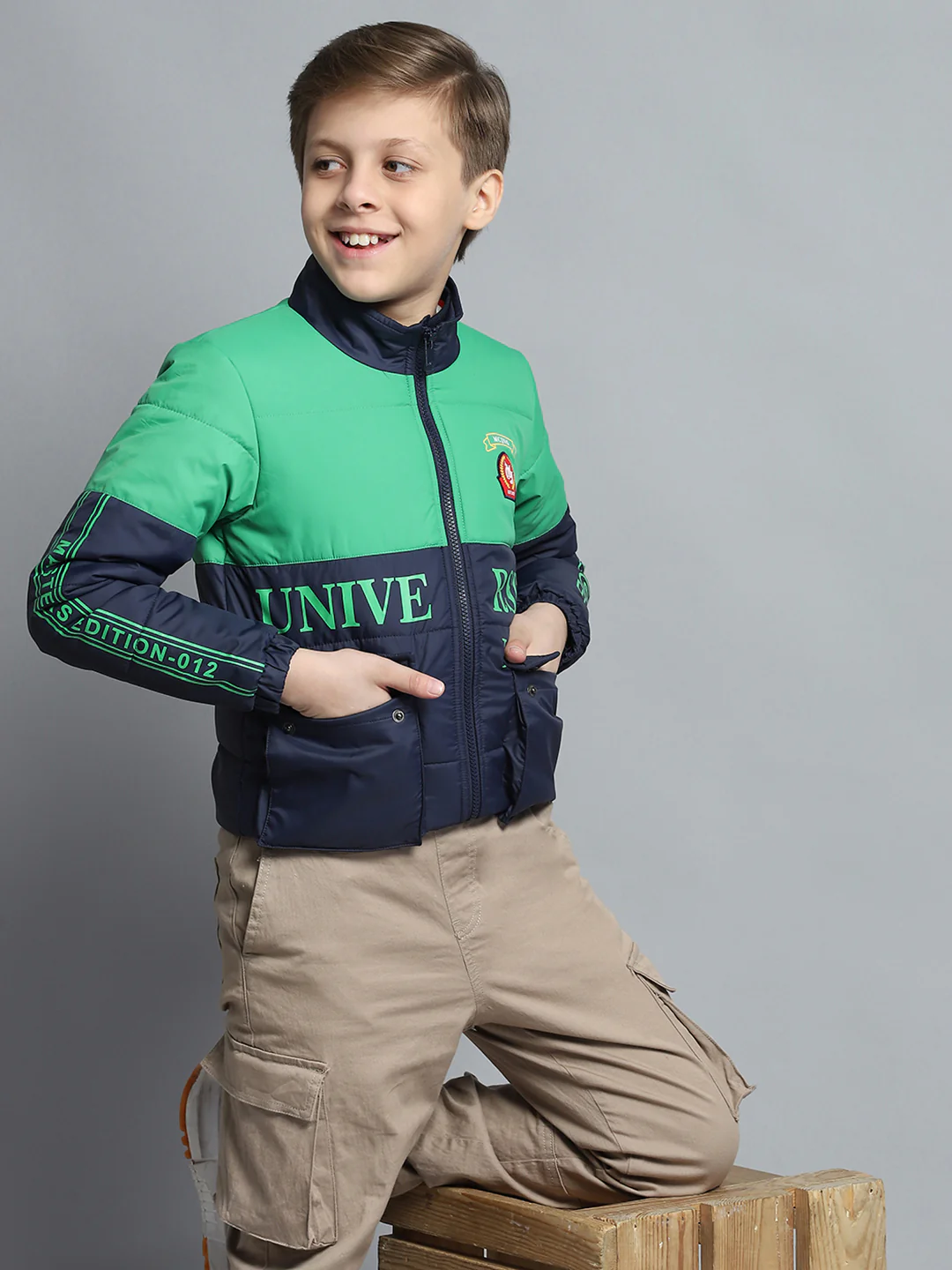 Boys Navy Blue Printed Mock Neck Full Sleeve Jacket - Image 6