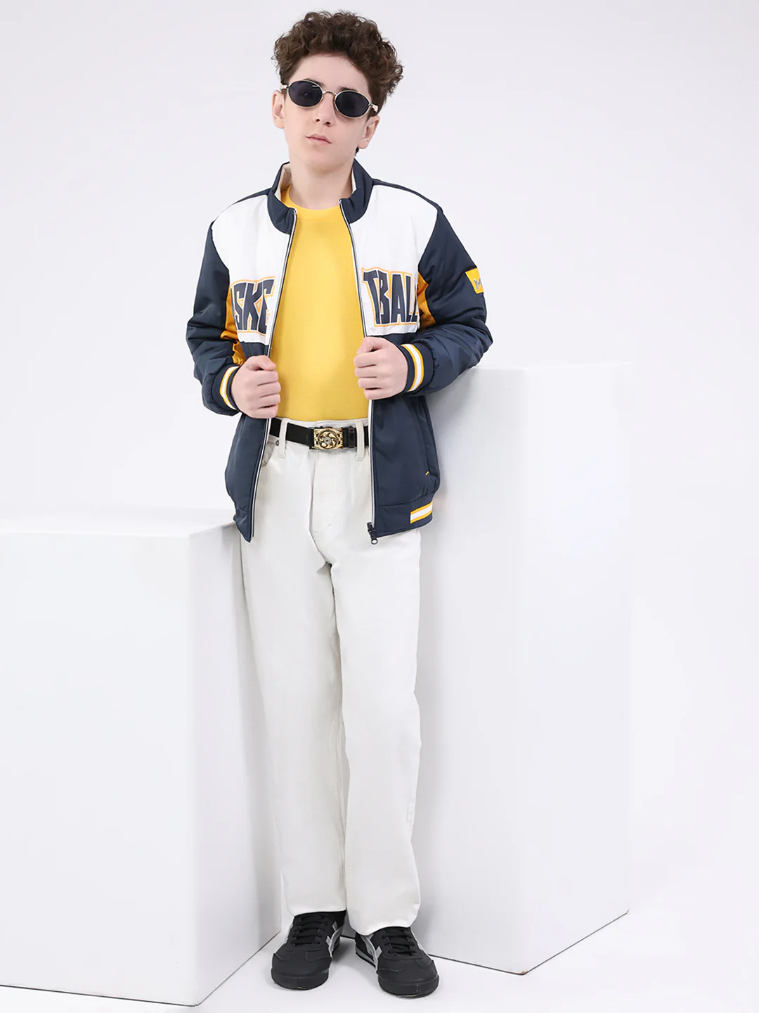 Boys Navy Blue Printed Mock Neck Full Sleeve Jacket - Image 2
