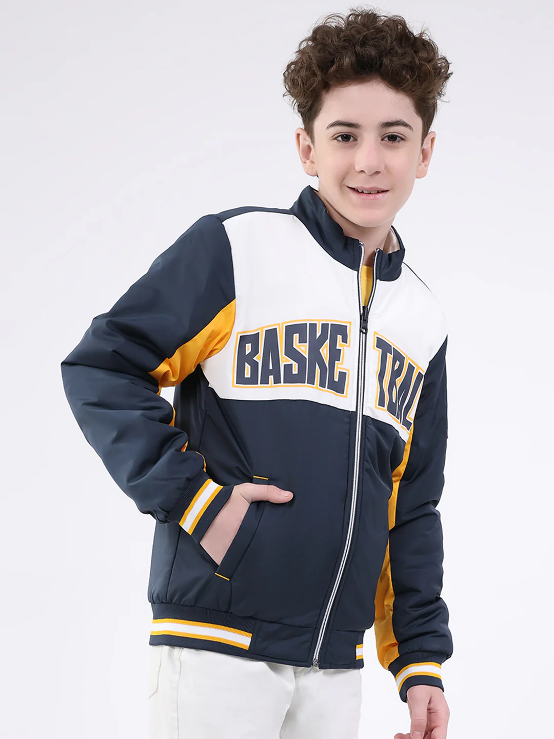 Boys Navy Blue Printed Mock Neck Full Sleeve Jacket - Image 4