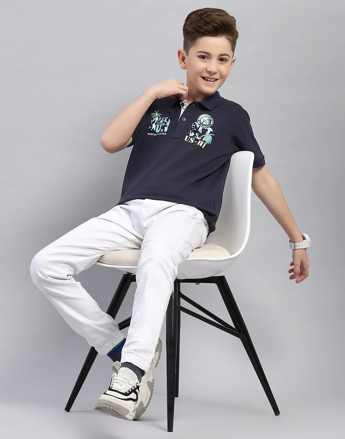 Boys Navy Blue Printed Polo Collar Half Sleeve T-Shirt - Image 2