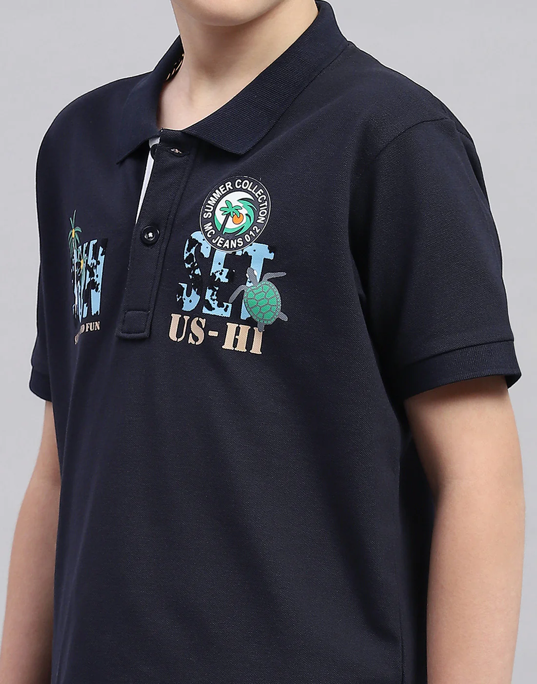 Boys Navy Blue Printed Polo Collar Half Sleeve T-Shirt - Image 6