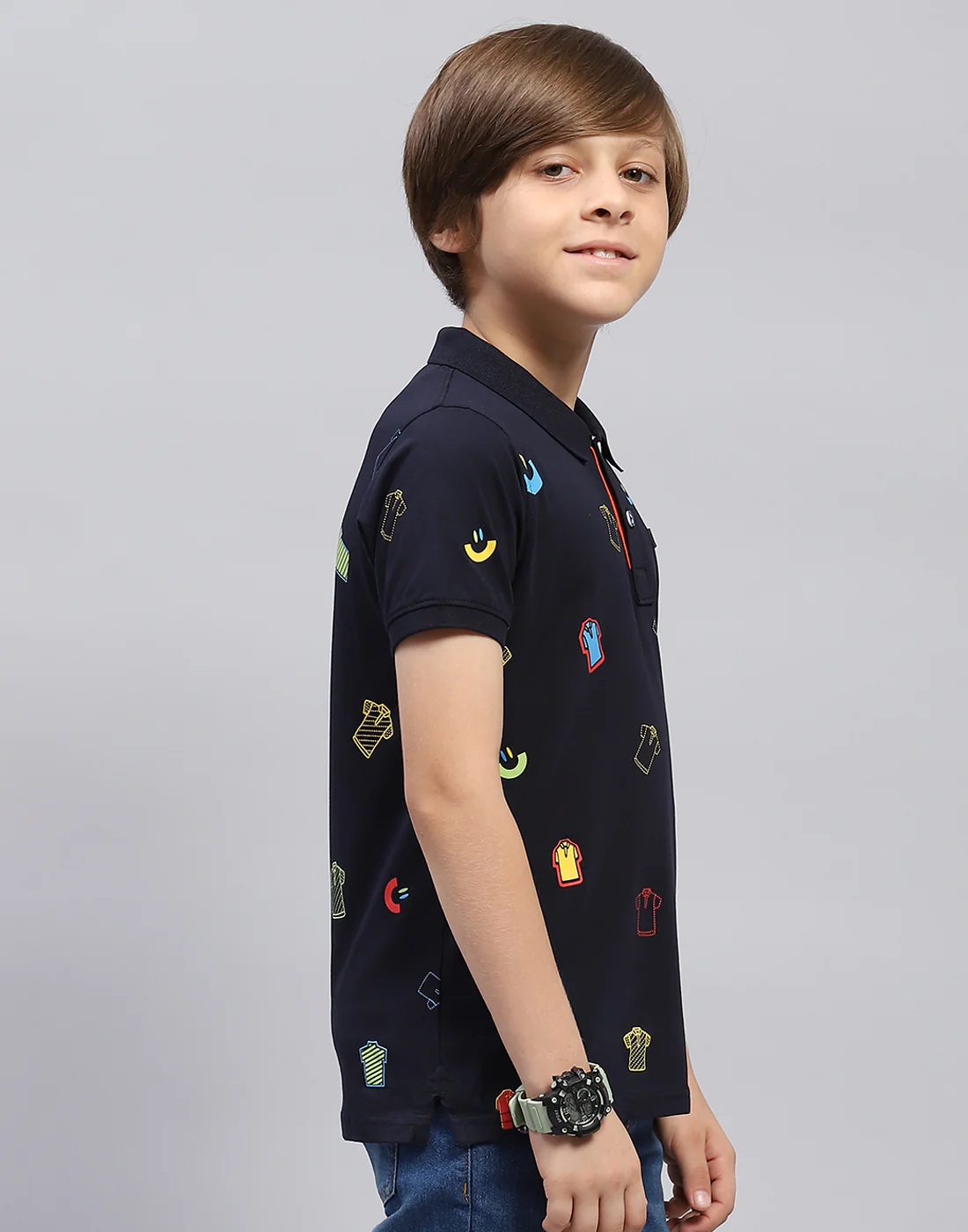 Boys Navy Blue Printed Polo Collar Half Sleeve T-Shirt - Image 4