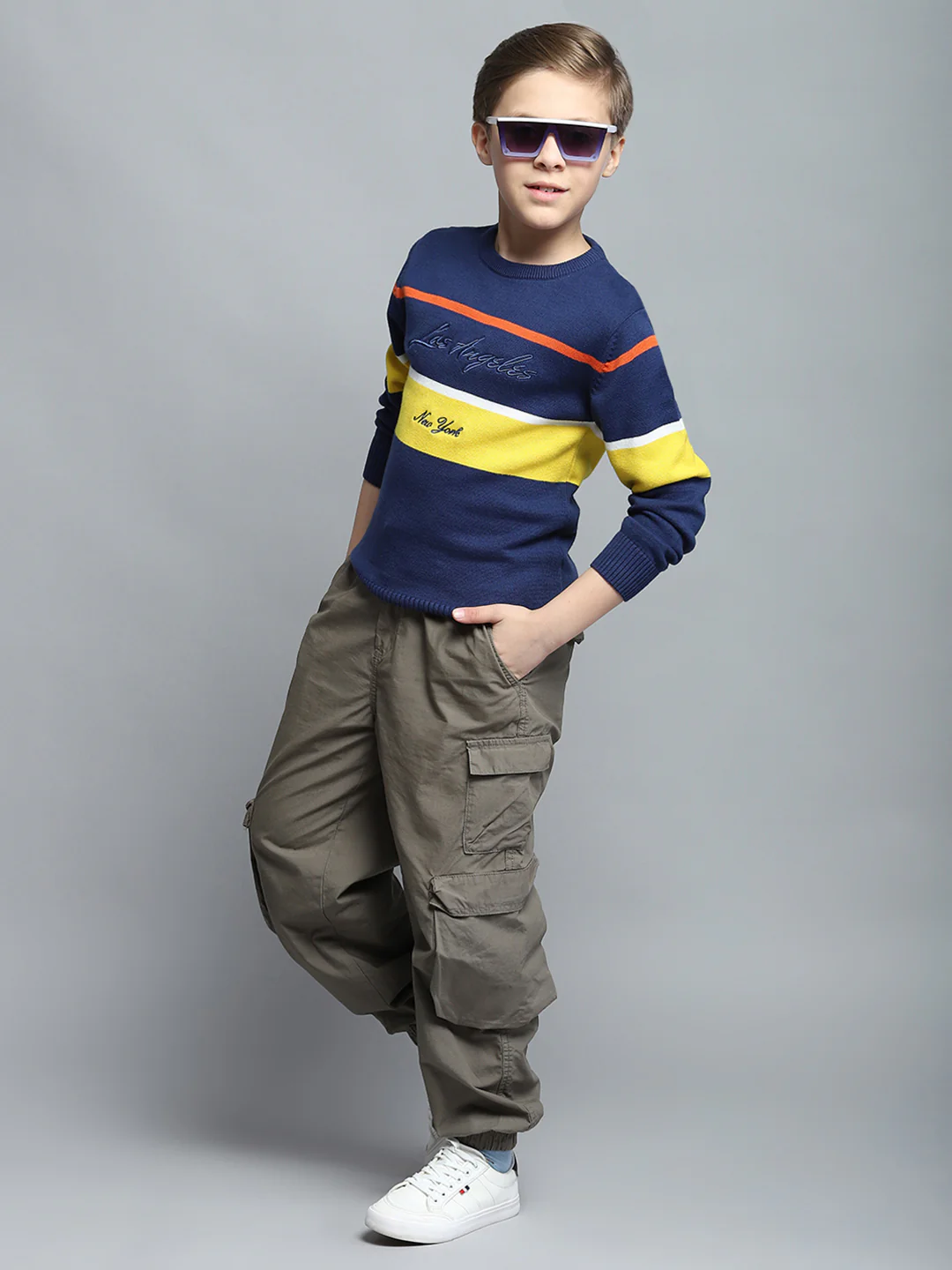 Boys Navy Blue Printed Round Neck Full Sleeve Pullover - Image 2