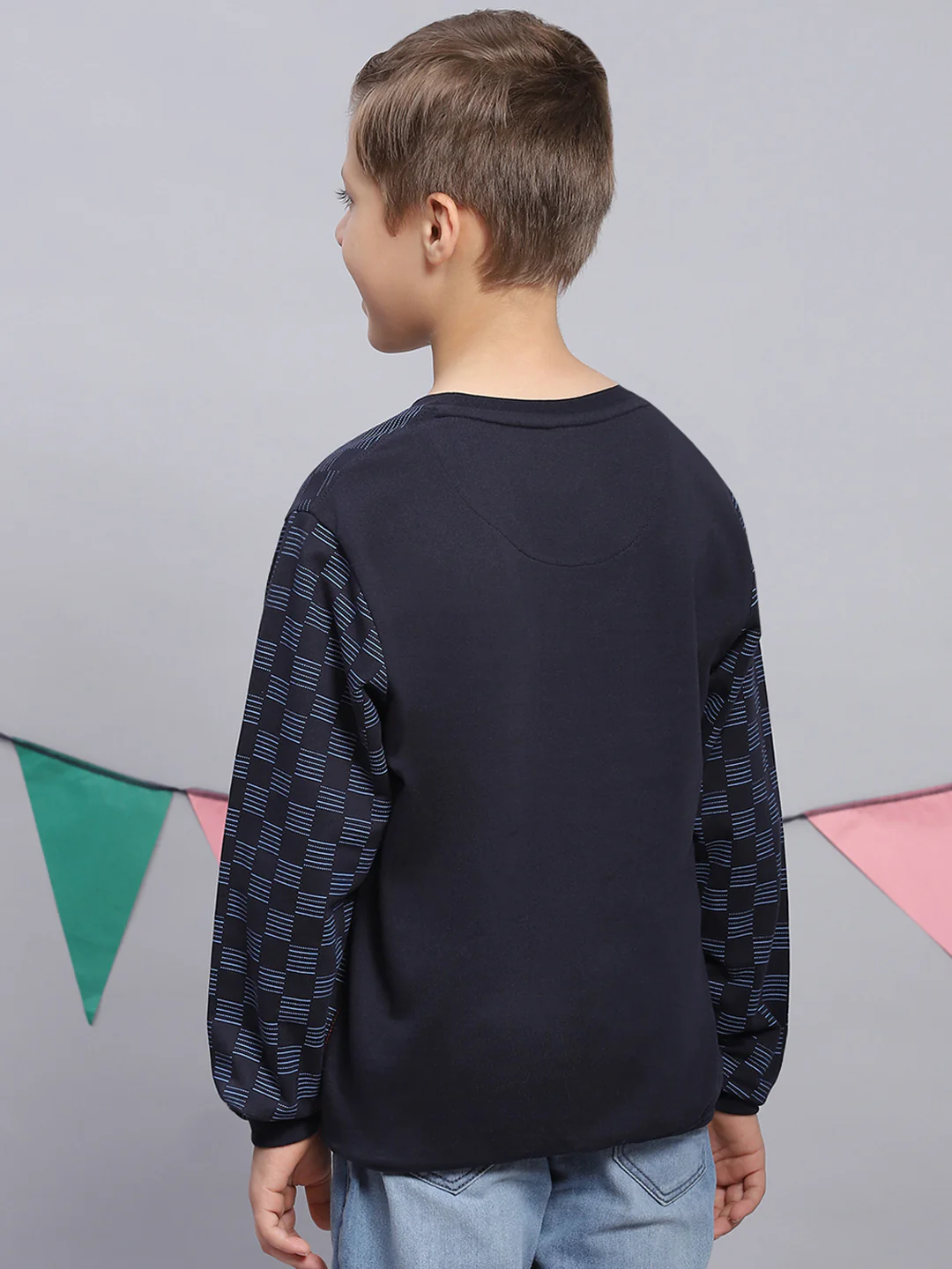 Boys Navy Blue Printed Round Neck Full Sleeve Sweatshirt - Image 5