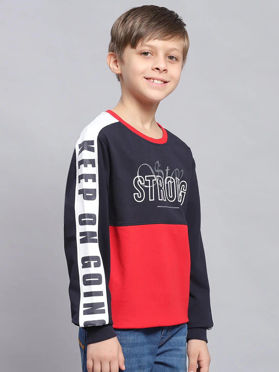 Boys Navy Blue Printed Round Neck Full Sleeve Sweatshirt - Image 4