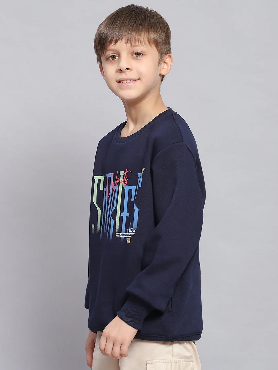 Boys Navy Blue Printed Round Neck Full Sleeve Sweatshirt - Image 3