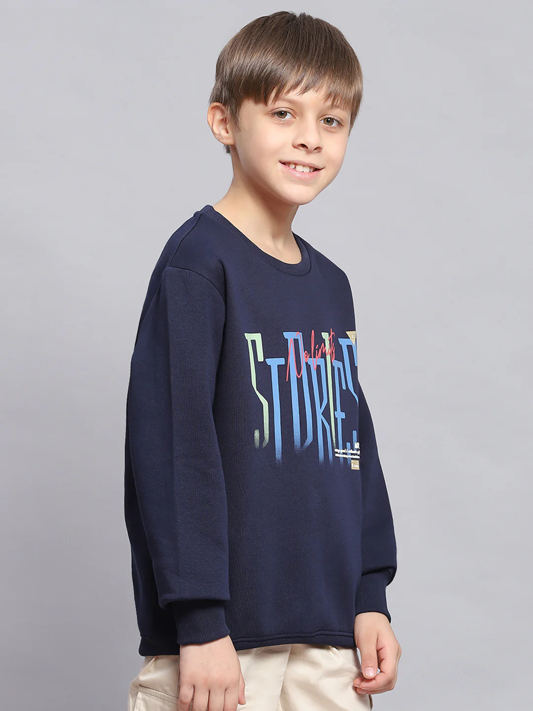 Boys Navy Blue Printed Round Neck Full Sleeve Sweatshirt - Image 4
