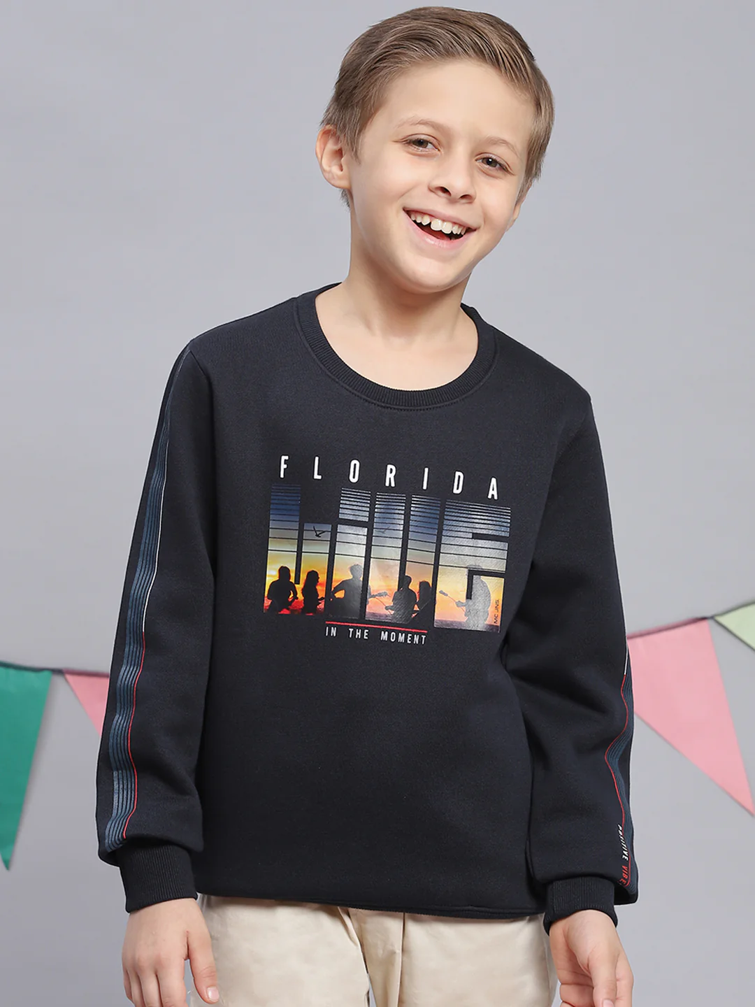 Boys Navy Blue Printed Round Neck Full Sleeve Sweatshirt - Image 2