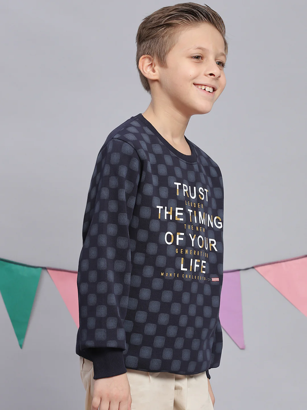Boys Navy Blue Printed Round Neck Full Sleeve Sweatshirt - Image 6
