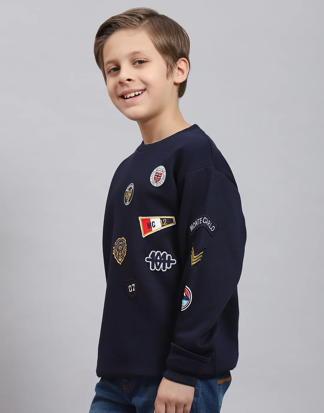 Boys Navy Blue Printed Round Neck Full Sleeve Sweatshirt - Image 3