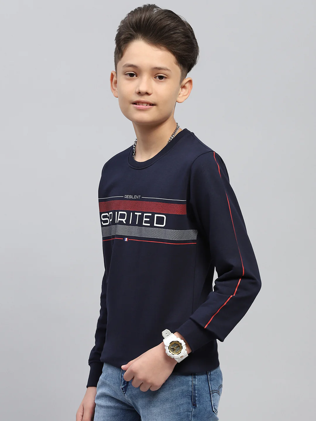 Boys Navy Blue Printed Round Neck Full Sleeve Sweatshirt - Image 3