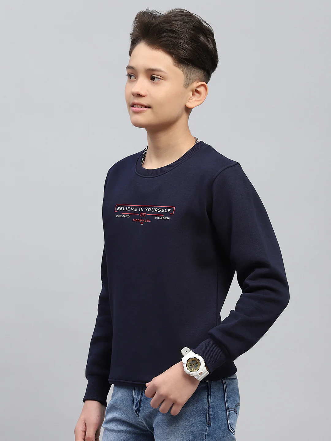 Boys Navy Blue Printed Round Neck Full Sleeve Sweatshirt - Image 3