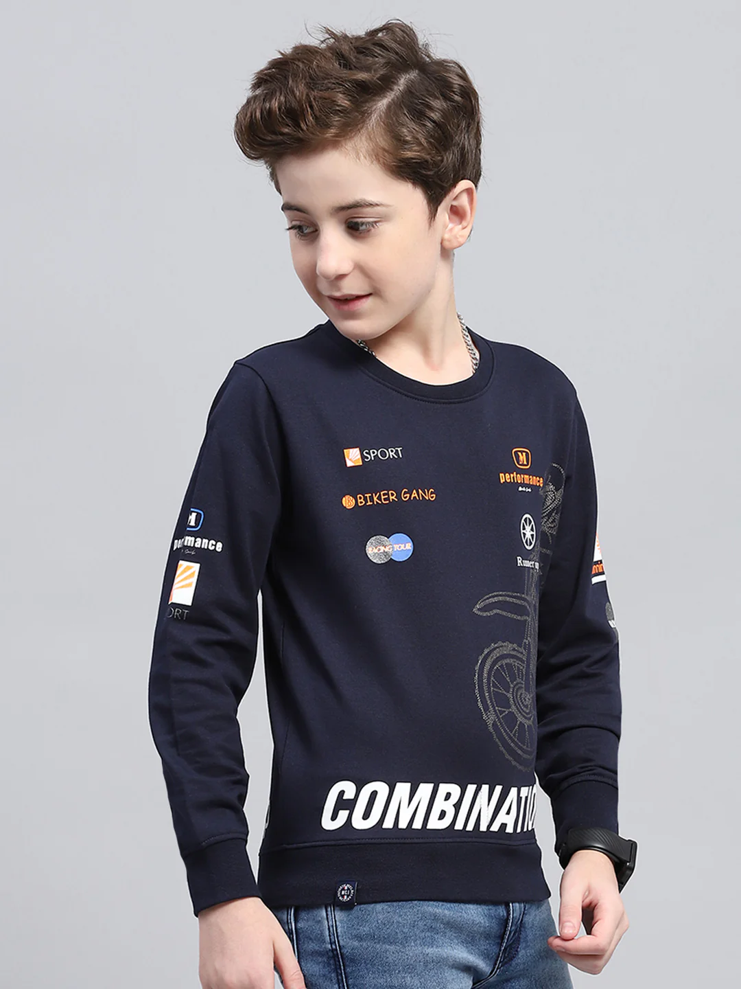 Boys Navy Blue Printed Round Neck Full Sleeve Sweatshirt - Image 4