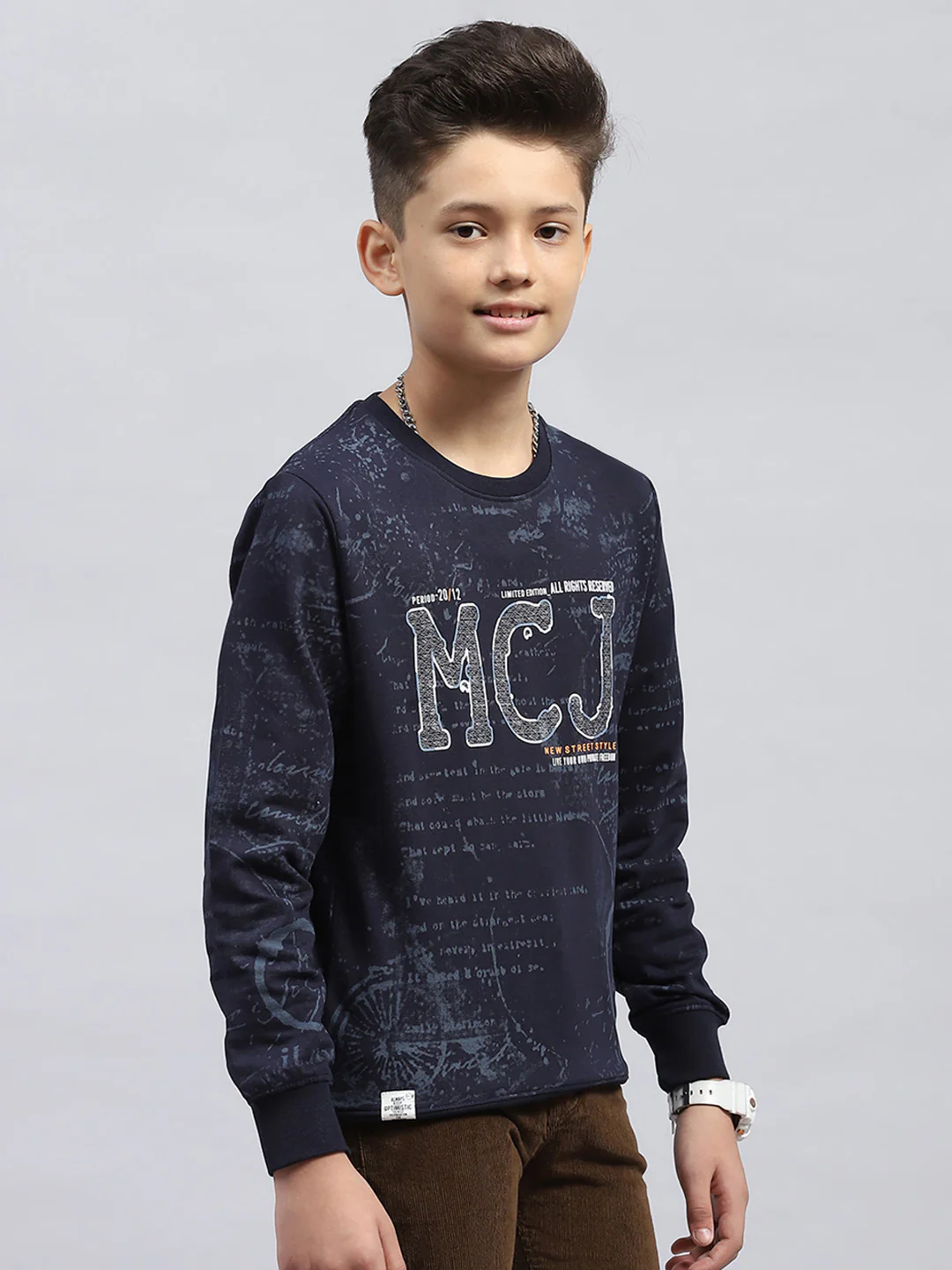 Boys Navy Blue Printed Round Neck Full Sleeve Sweatshirt - Image 4