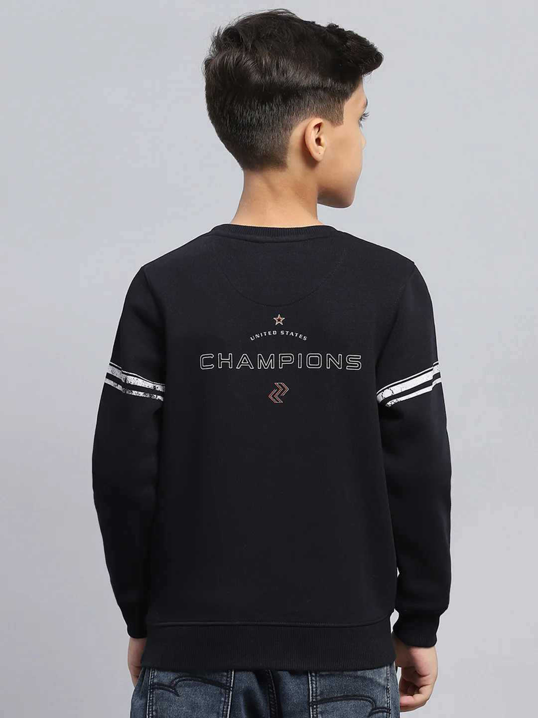Boys Navy Blue Printed Round Neck Full Sleeve Sweatshirt - Image 5