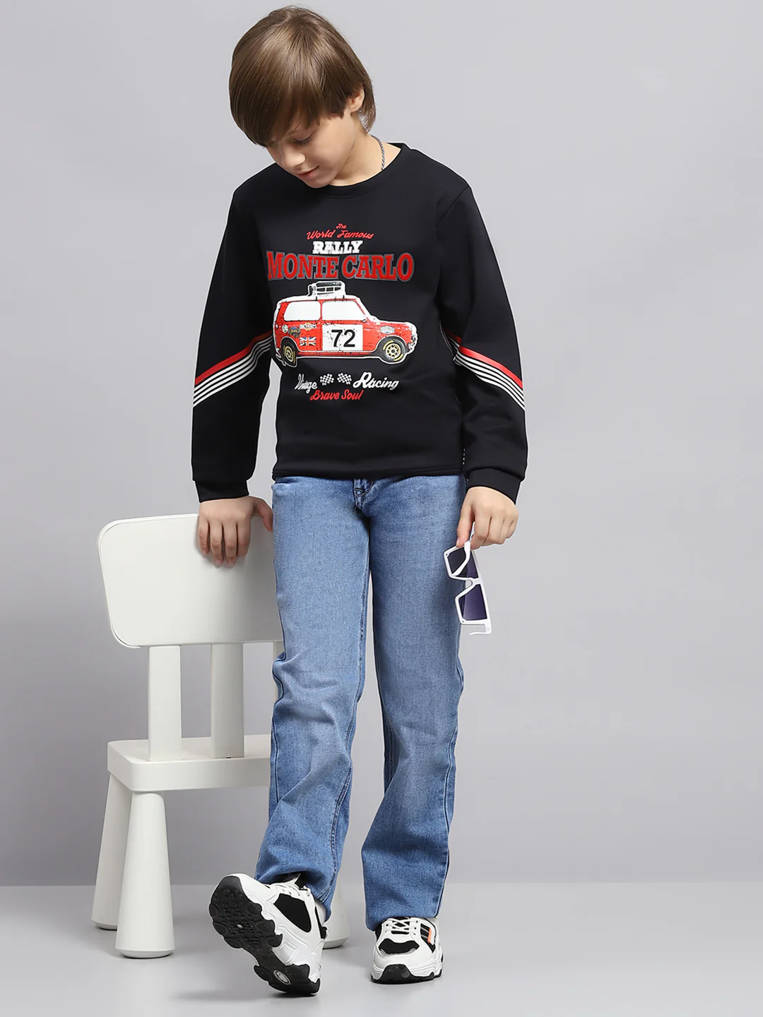 Boys Navy Blue Printed Round Neck Full Sleeve Sweatshirt - Image 2