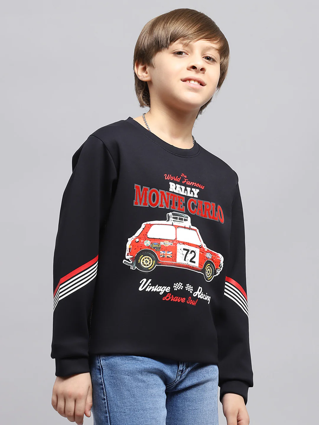 Boys Navy Blue Printed Round Neck Full Sleeve Sweatshirt - Image 4