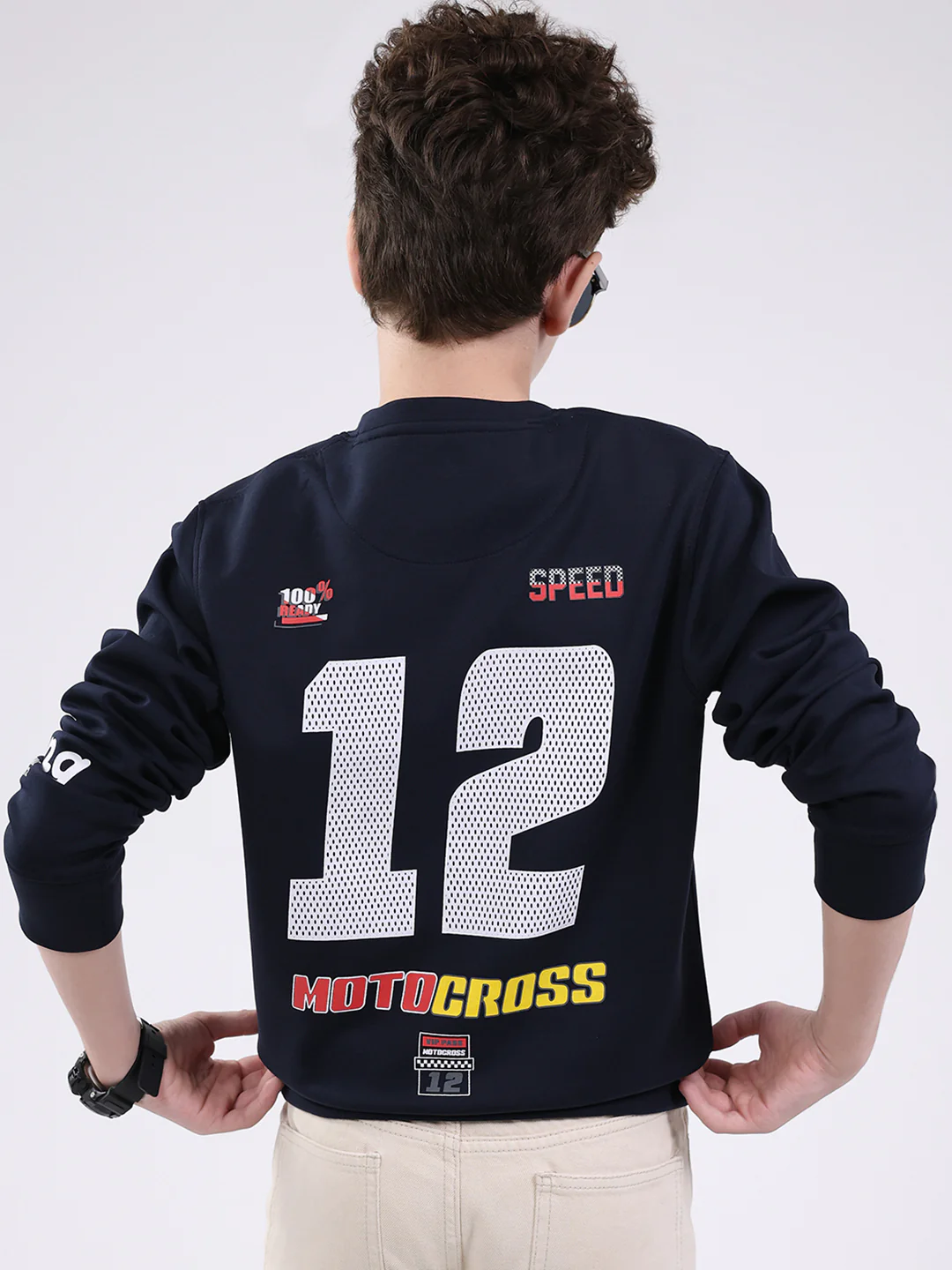 Boys Navy Blue Printed Round Neck Full Sleeve Sweatshirt - Image 6