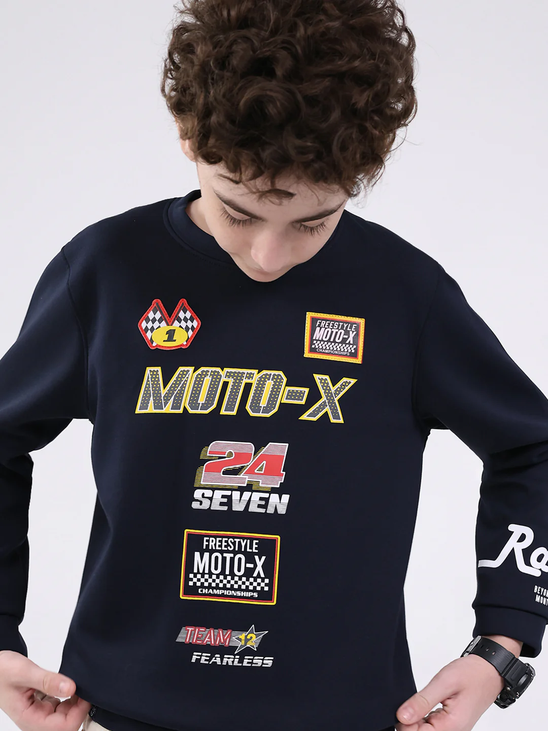 Boys Navy Blue Printed Round Neck Full Sleeve Sweatshirt - Image 7