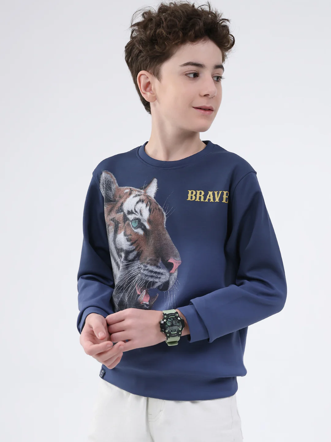 Boys Navy Blue Printed Round Neck Full Sleeve Sweatshirt - Image 3