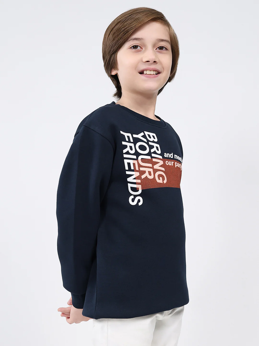 Boys Navy Blue Printed Round Neck Full Sleeve Sweatshirt - Image 4