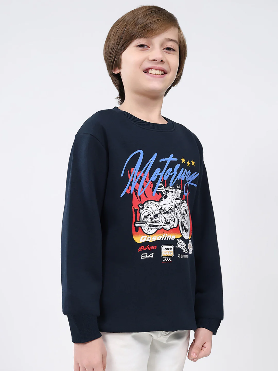 Boys Navy Blue Printed Round Neck Full Sleeve Sweatshirt - Image 4