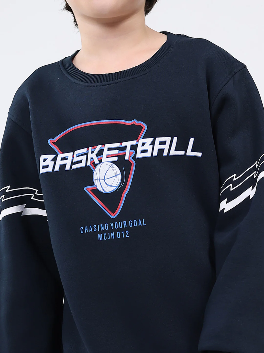 Boys Navy Blue Printed Round Neck Full Sleeve Sweatshirt - Image 6
