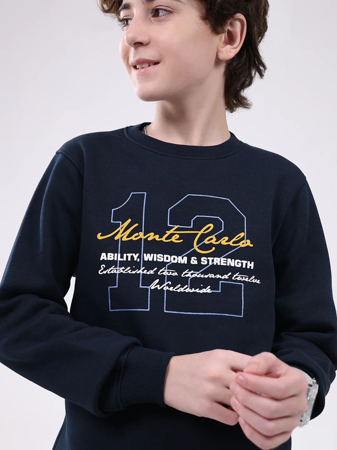 Boys Navy Blue Printed Round Neck Full Sleeve Sweatshirt - Image 6