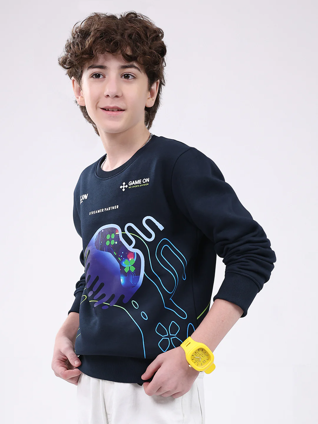 Boys Navy Blue Printed Round Neck Full Sleeve Sweatshirt - Image 3