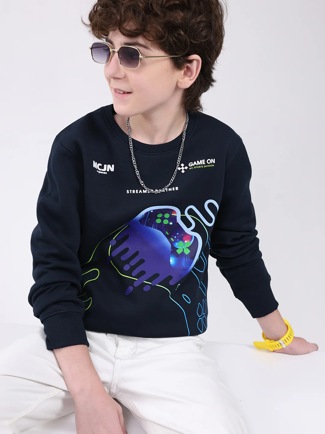 Boys Navy Blue Printed Round Neck Full Sleeve Sweatshirt - Image 6