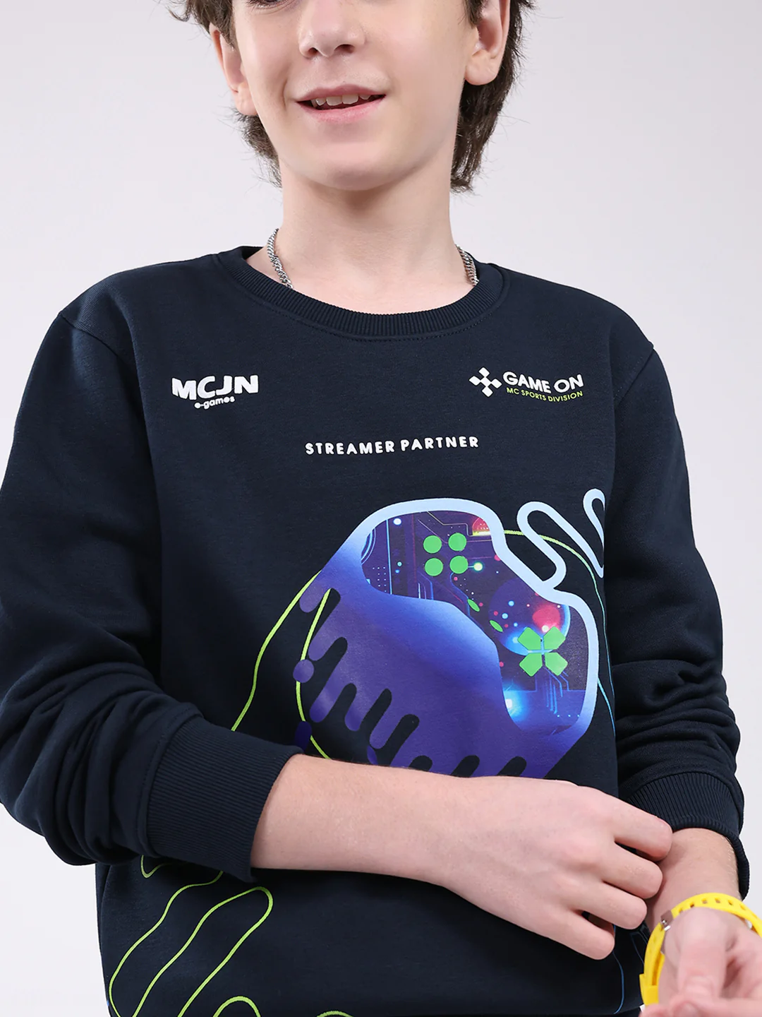 Boys Navy Blue Printed Round Neck Full Sleeve Sweatshirt - Image 7