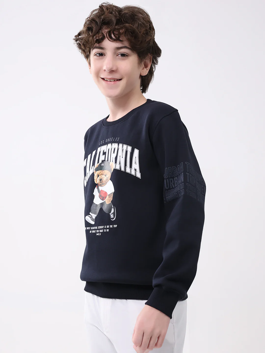 Boys Navy Blue Printed Round Neck Full Sleeve Sweatshirt - Image 3