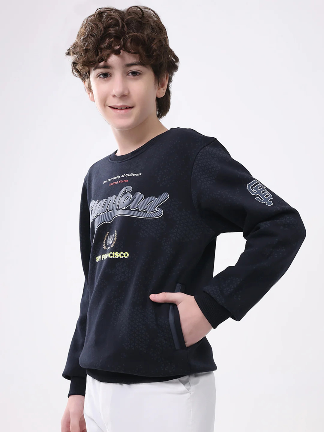 Boys Navy Blue Printed Round Neck Full Sleeve Sweatshirt - Image 3