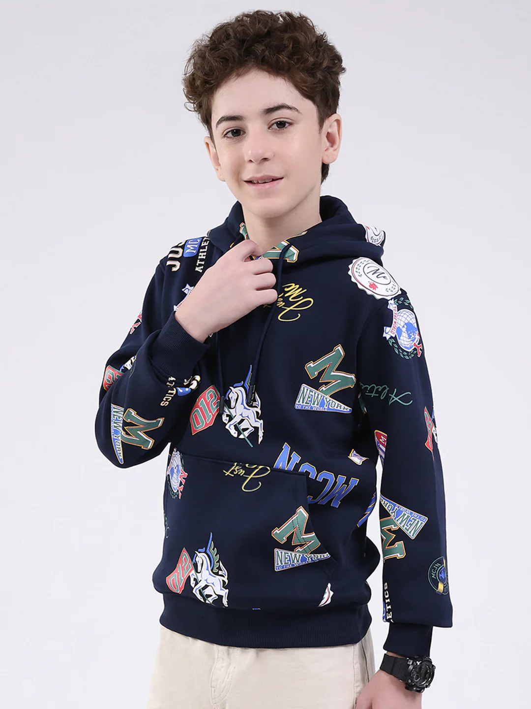 Boys Navy Blue Printed Round Neck Full Sleeve Sweatshirt - Image 3